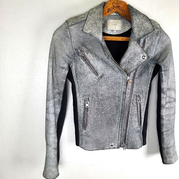 Women's IRO Ilaria Crack Leather Green White Lampskin Moto Zip Jacket Size 34 - Picture 11 of 12